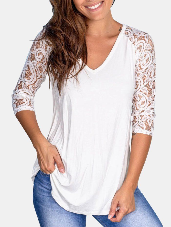 

Lace Panel Raglan Sleeve Curved Hem Top, White