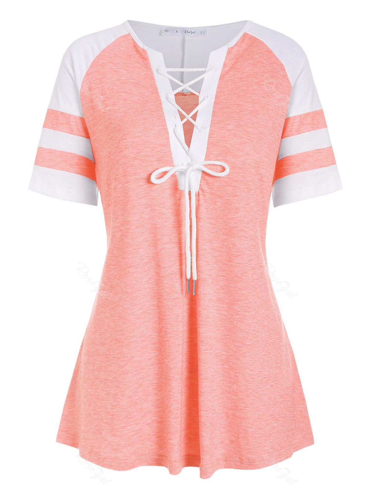 

Colorblock Stripes Panel Lace Up Plus Size Top, Light pink