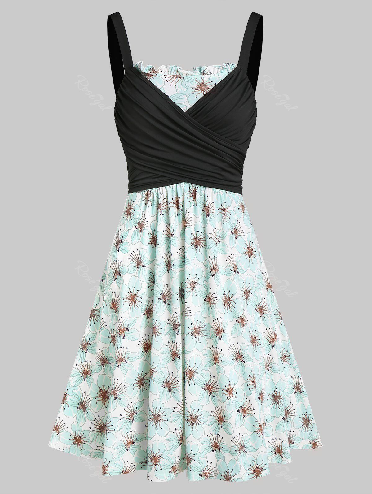 

Flower Print Ruched A Line Wrap Dress, Light aquamarine