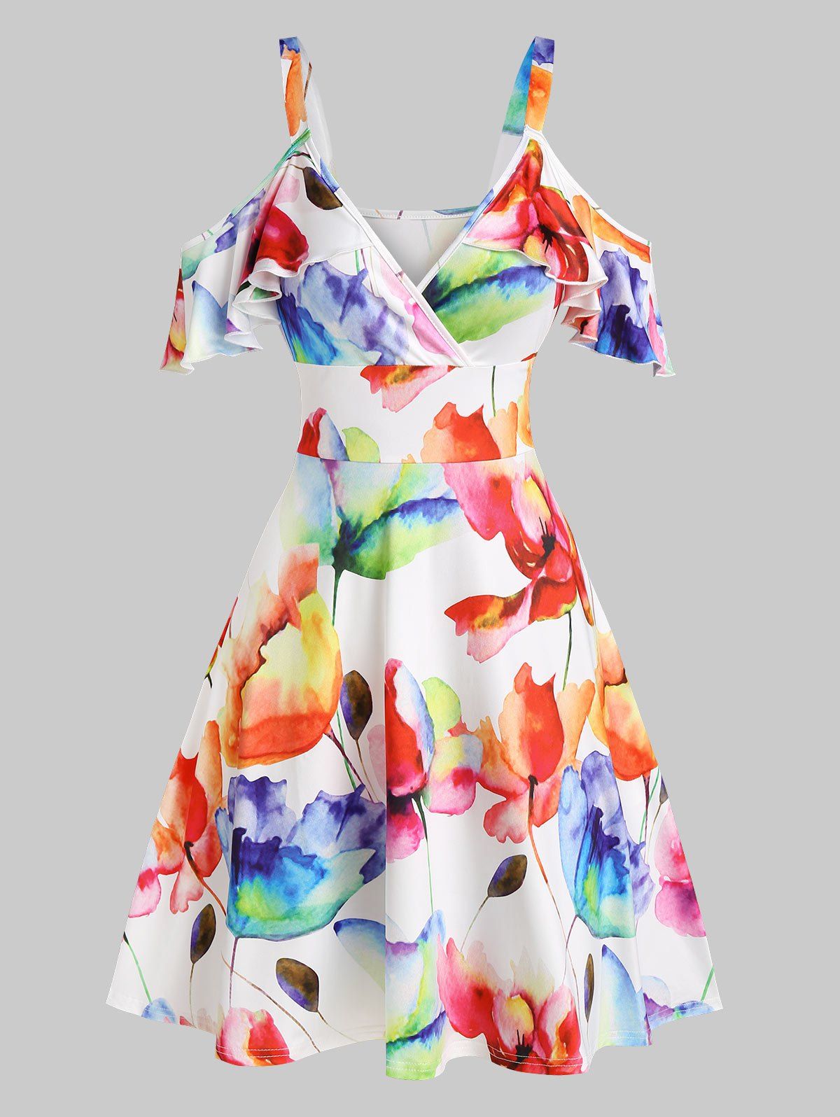 

Floral Printed Cold Shoulder A Line Dress, White