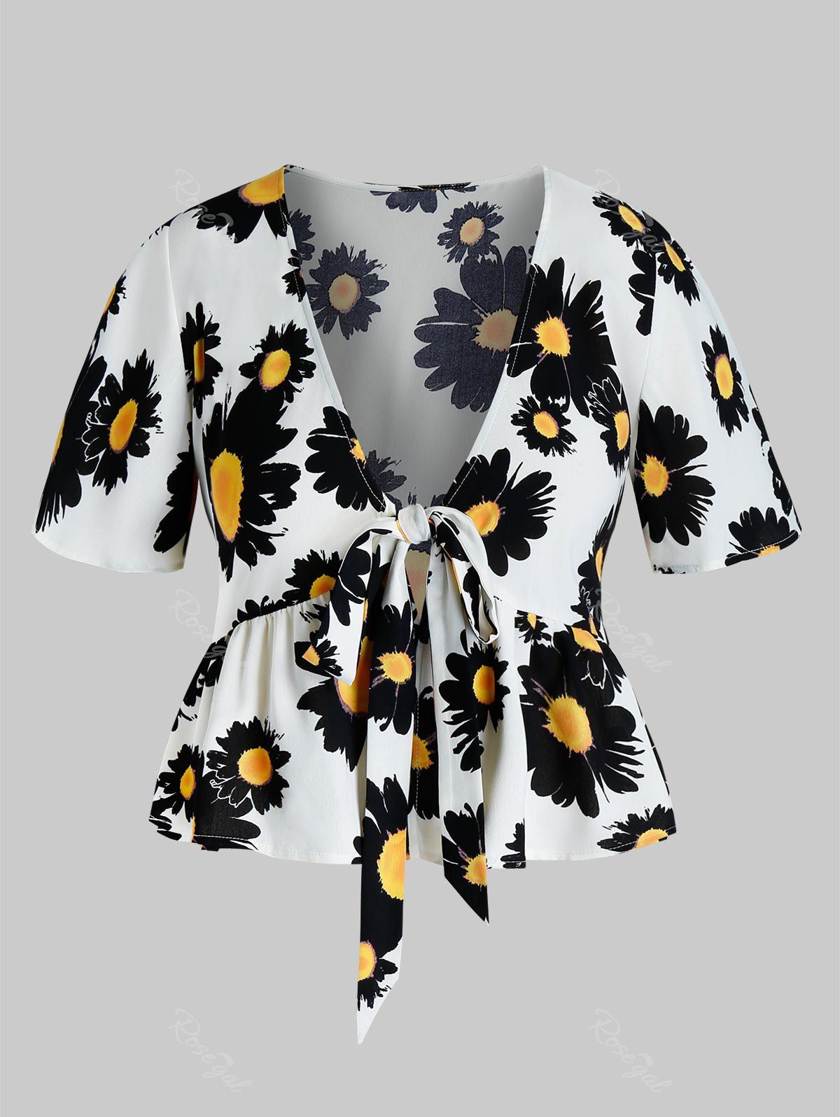 

Plus Size Flower Knotted Plunging Peplum Top, White