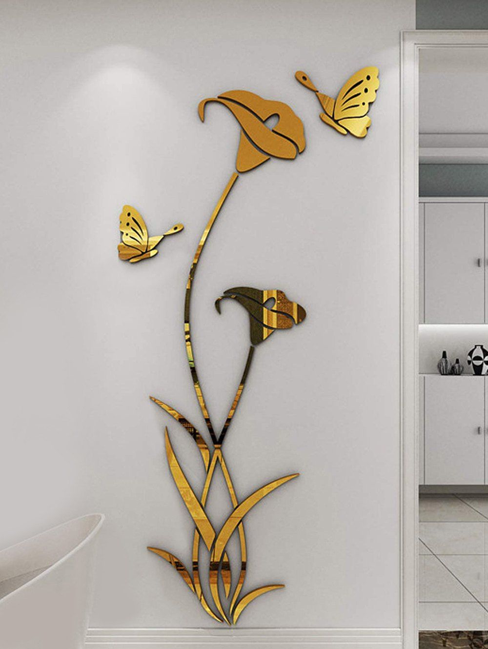 

Flowers and Butterfly Pattern Decorative Mirror Wall Stickers, Golden
