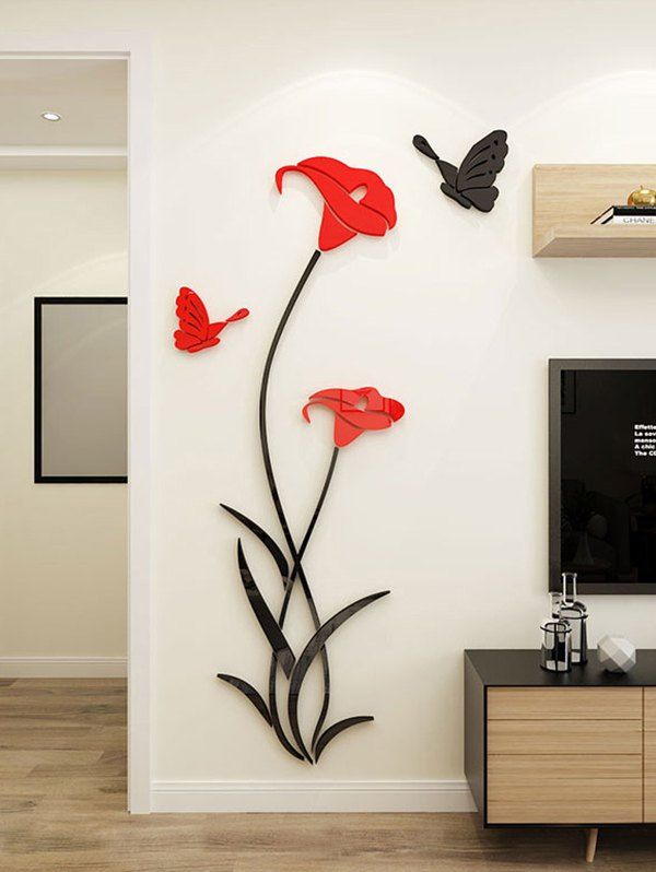 Flowers and Butterfly Pattern Decorative Mirror Wall Stickers, Red