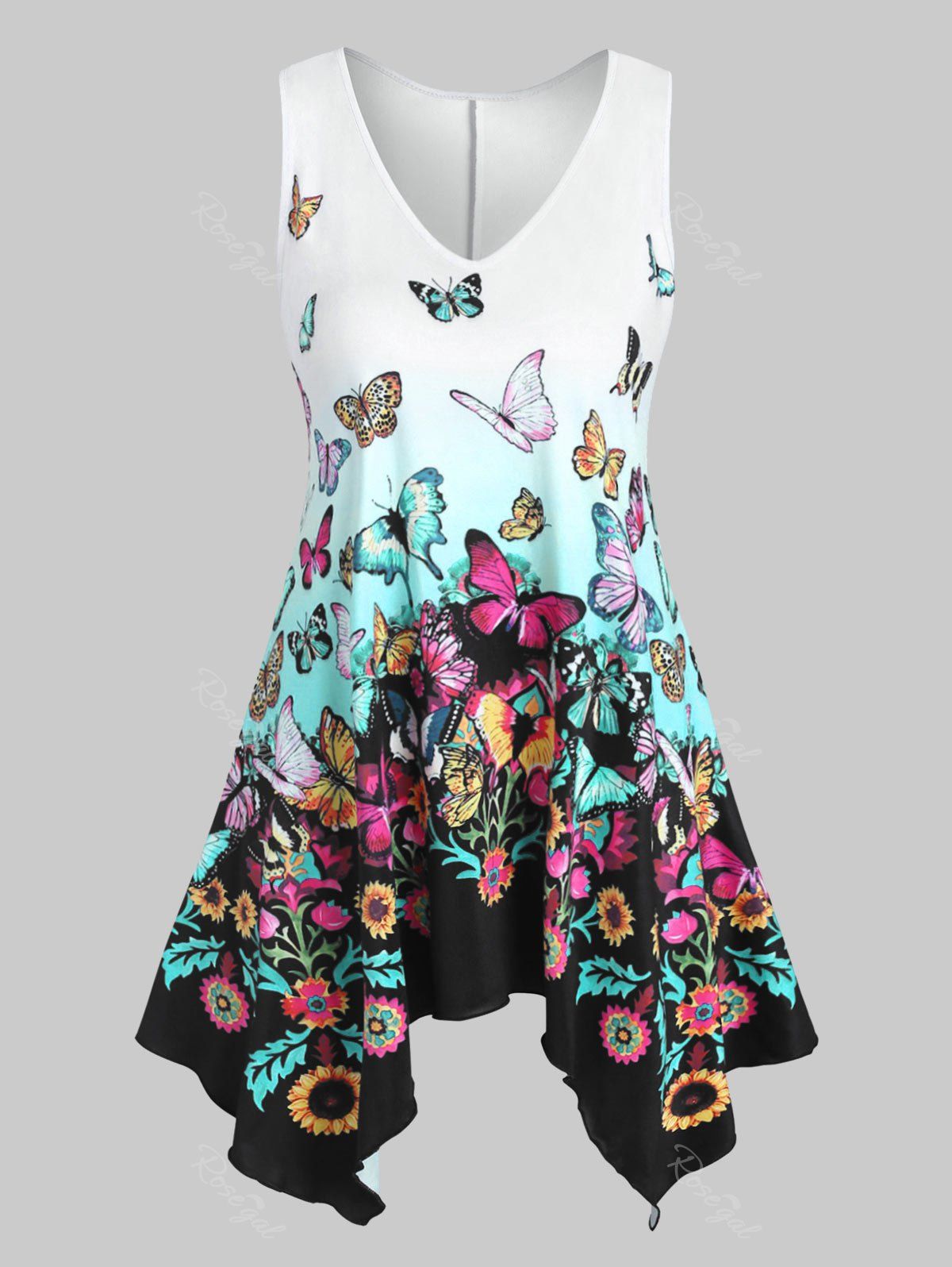 

Plus Size Handkerchief Butterfly Print Tank Top, Blue zircon