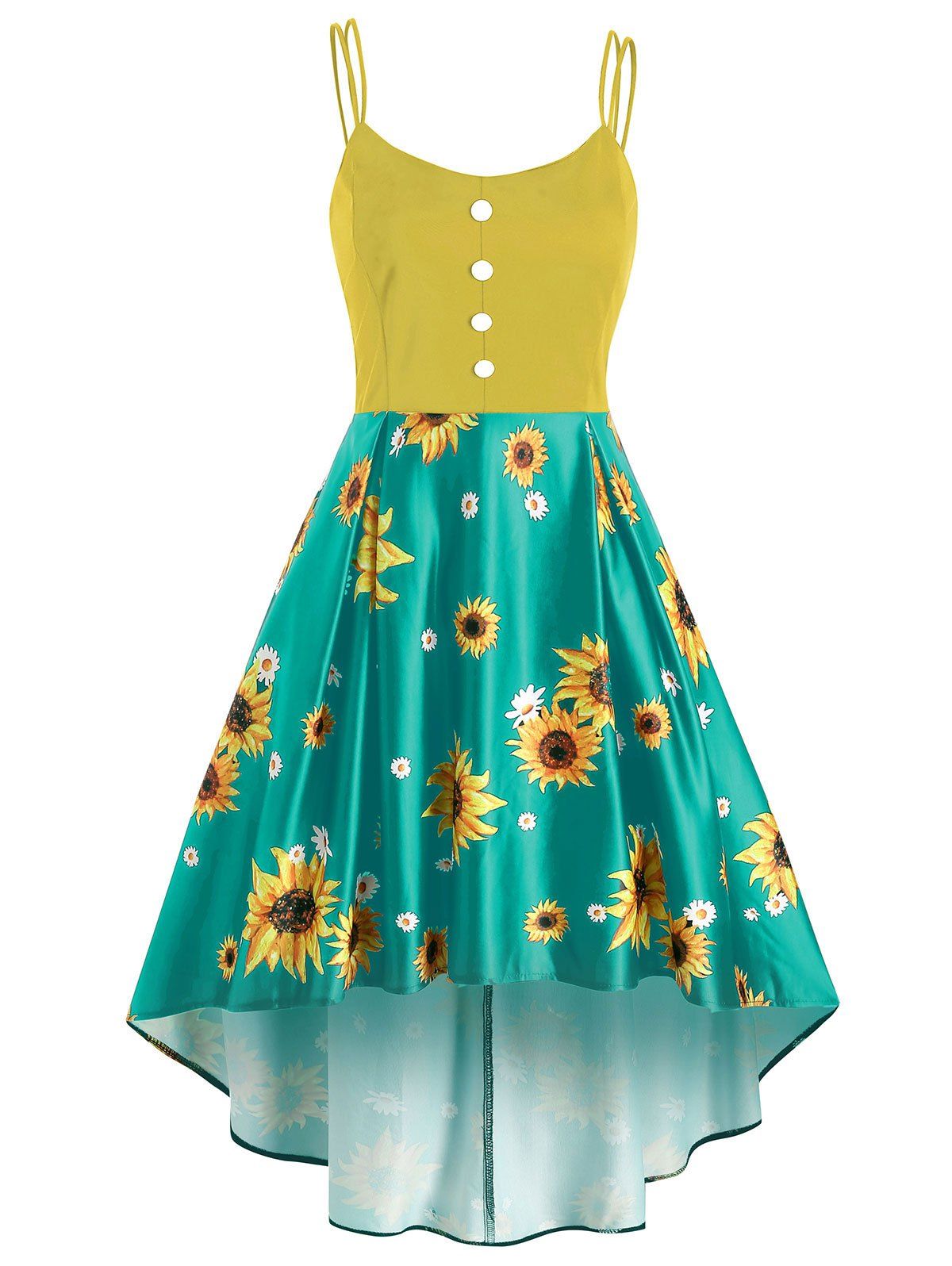 

Button Embellished Sunflower Print Dip Hem Dress, Yellow