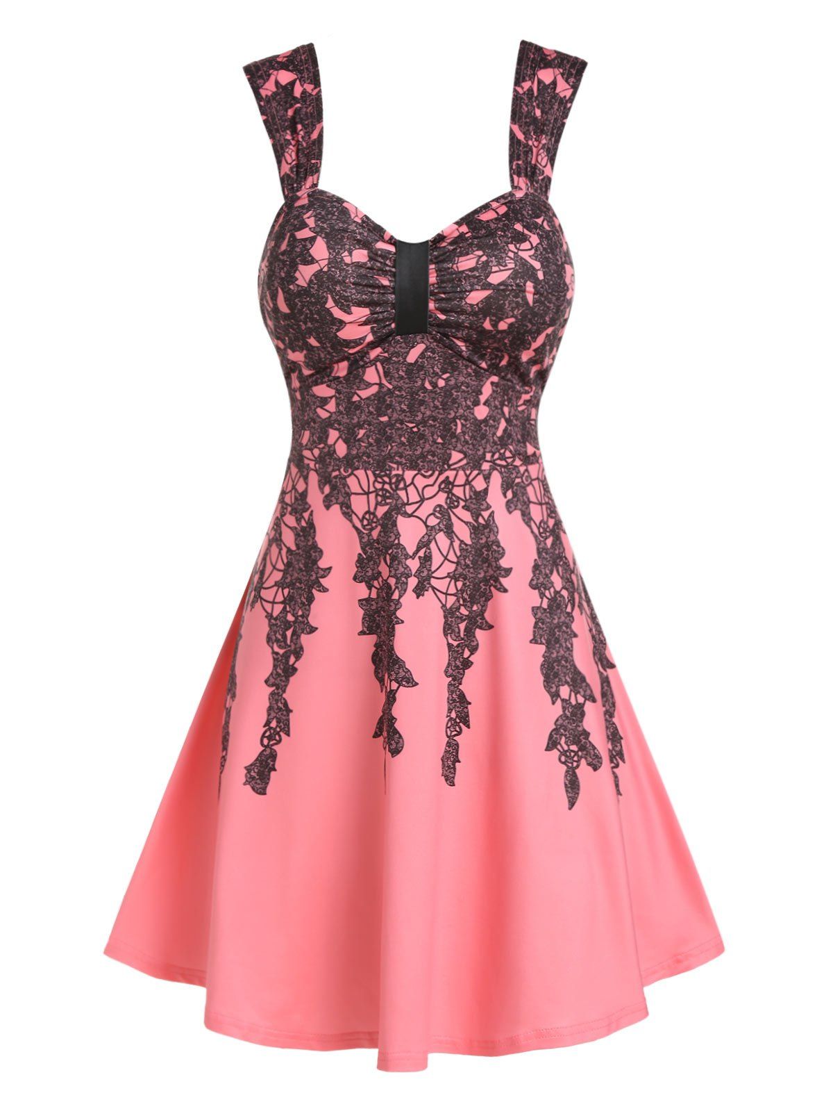 Leaves Print Sleeveless Ruched Dress, Watermelon pink