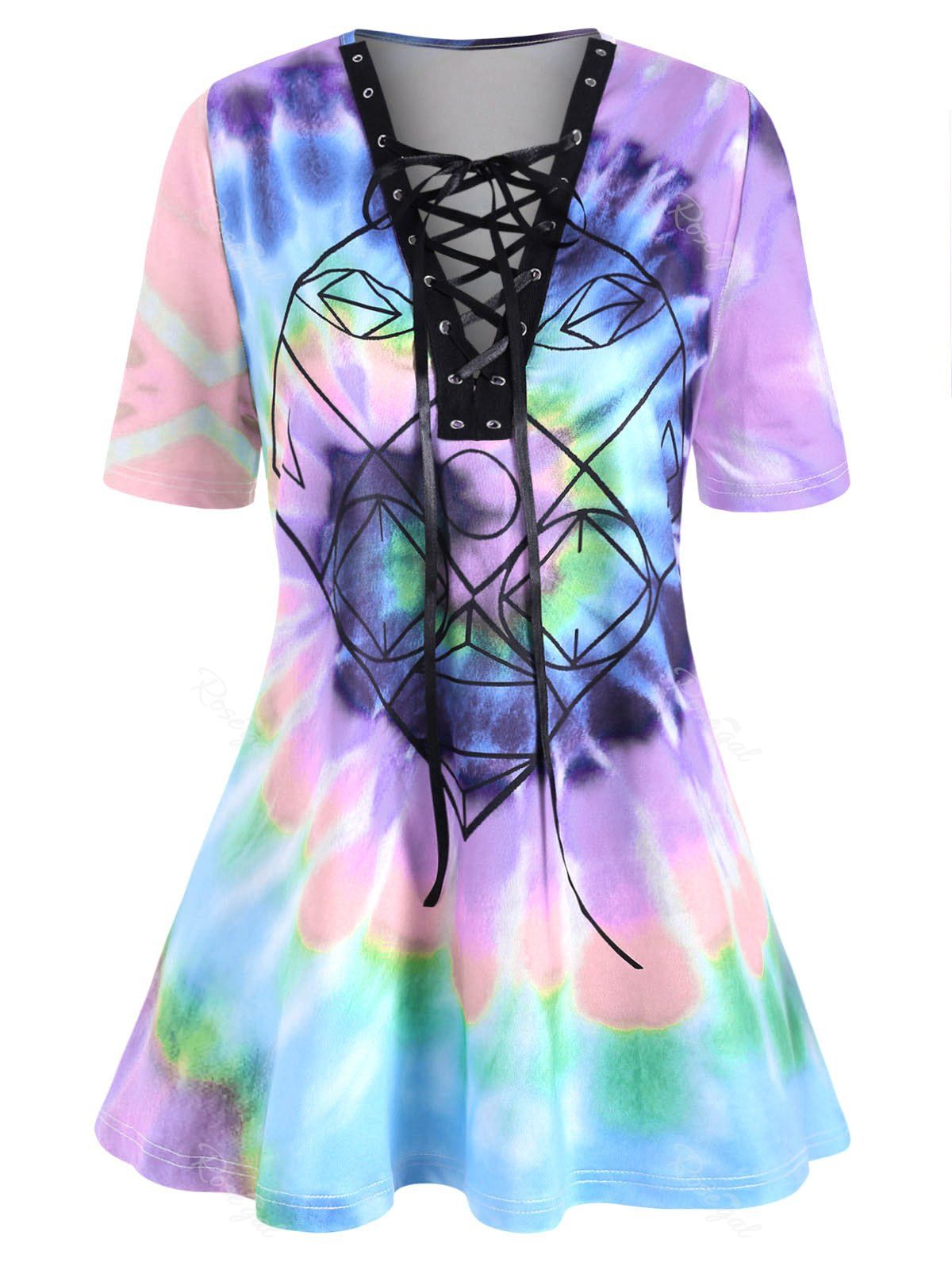 

Plus Size Lace-up Spiral Tie Dye Print Tunic Top, Light purple
