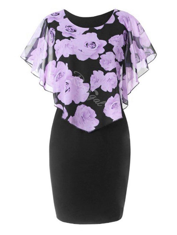 Overlay Chiffon Panel Floral Plus Size Bodycon Dress, Light purple