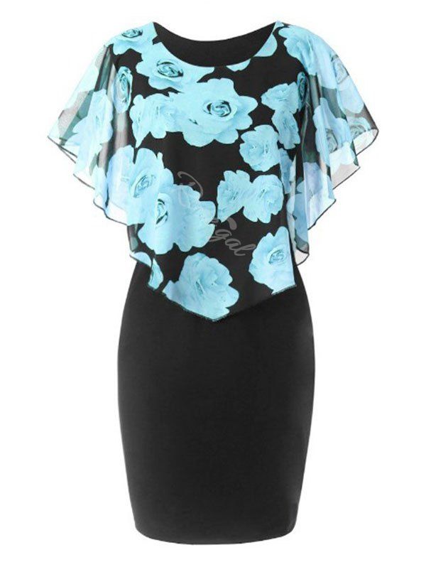 

Overlay Chiffon Panel Floral Plus Size Bodycon Dress, Light blue