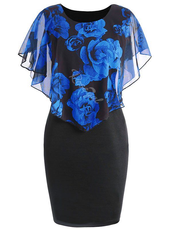 

Overlay Chiffon Panel Floral Plus Size Bodycon Dress, Blue
