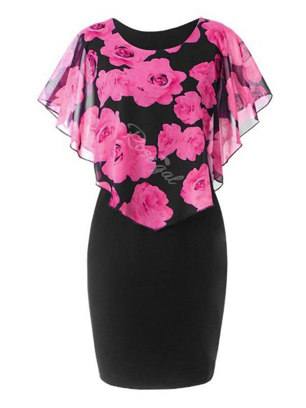 

Overlay Chiffon Panel Floral Plus Size Bodycon Dress, Light pink