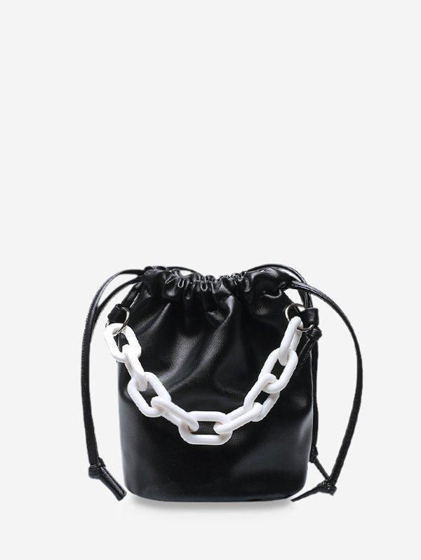 

Thick Chain Drawstring Crossbody Bucket Bag, Black