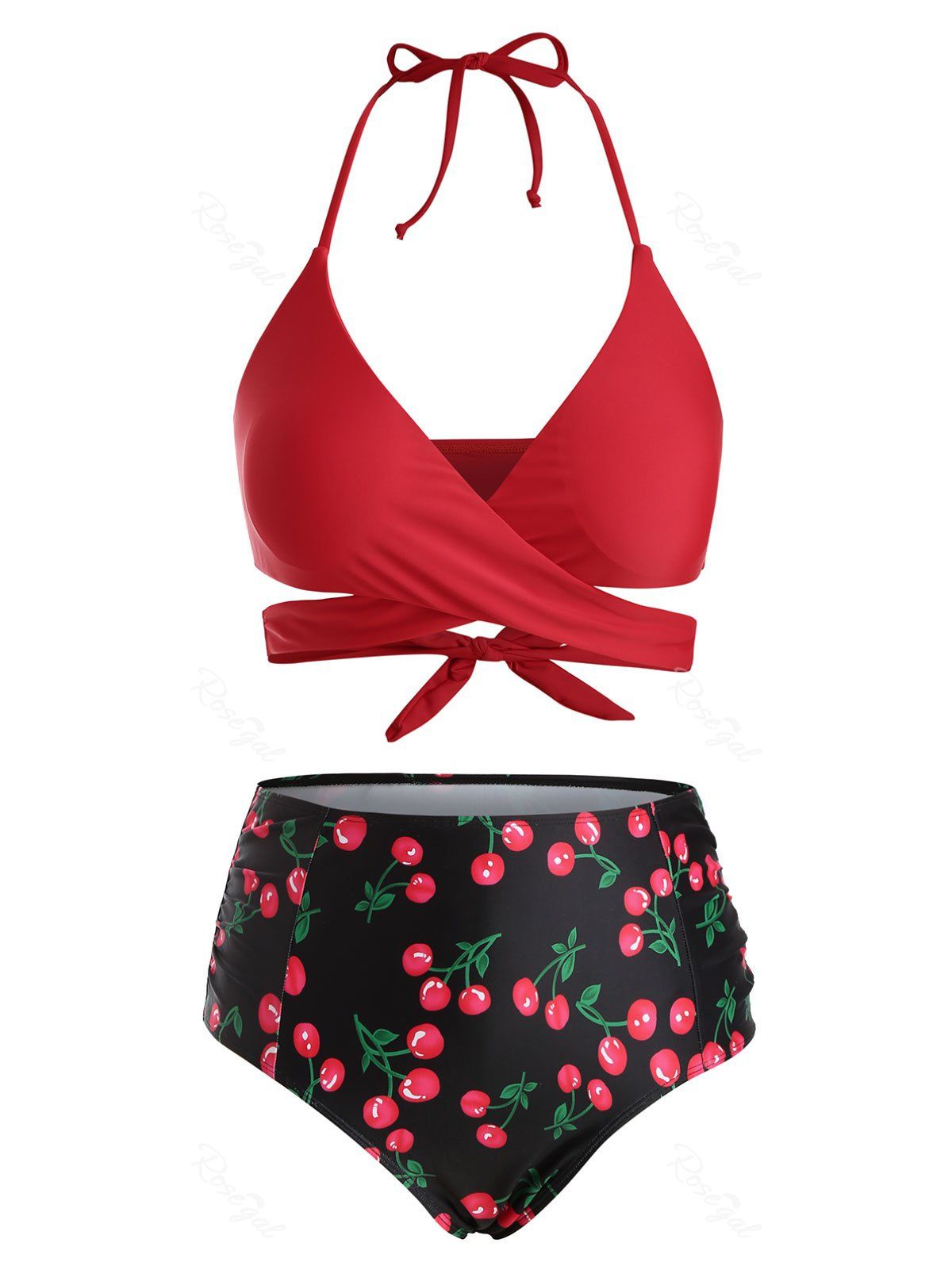 

Plus Size Halter Cherry Print Wrap Tankini Swimwear, Red