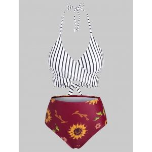 

Criss Cross Stripes Sunflower Wrap Bikini Swimwear, Red wine