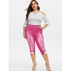 

Plus Size 3D Lace Up Jean Print Capri Leggings, Hot pink