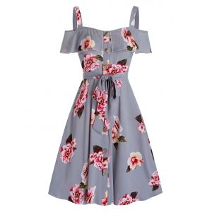 

Flower Print Button Through Belted Dress, Gray