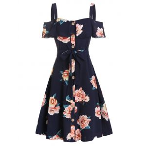 

Flower Print Button Through Belted Dress, Cadetblue