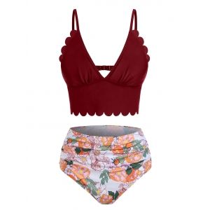 

Low Cut Scalloped Floral Print Tankini Swimwear, Deep red