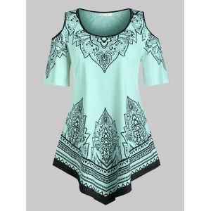 

Plus Size Cold Shoulder Asymmetric Hem Binding Printed Tee, Light green