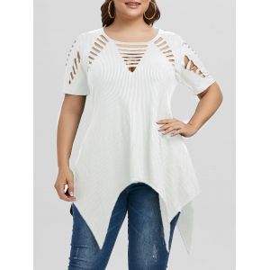 

Plus Size Asymmetric Ripped Cutout Ribbed Handkerchief Tee, White