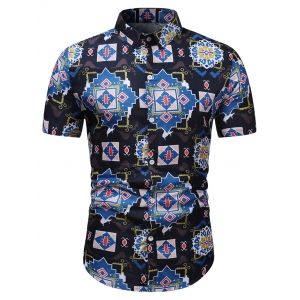 

Geometric Graphic Pattern Button Down Shirt, Black