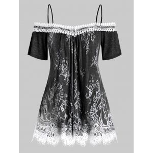 

Plus Size Lace Overlay Open Shoulder T Shirt, Carbon gray