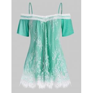 

Plus Size Lace Overlay Open Shoulder T Shirt, Light aquamarine