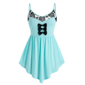 

Plus Size Bowknot Lace Panel Backless Tunic Asymmetric Cami Top, Light blue