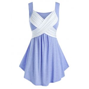 

Plus Size Crossover Ruched Tunic Two Tone Tank Top, Cornflower blue