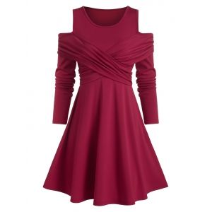 

Plain Front Crisscross Cold Shoulder A Line Dress, Red