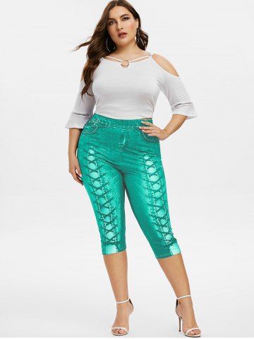 

Plus Size 3D Lace Up Jean Print Capri Leggings, Macaw blue green