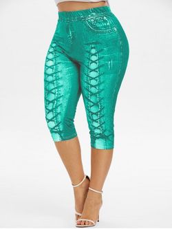 Plus Size 3D Lace Up Jean Print Capri Leggings - MACAW BLUE GREEN - 2X