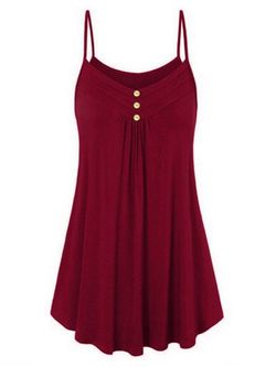 Mock Button Spaghetti Strap Trapeze Dress - DEEP RED - L