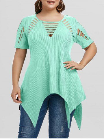 Plus Size Asymmetric Ripped Cutout Ribbed Handkerchief Tee - LIGHT AQUAMARINE - 1X