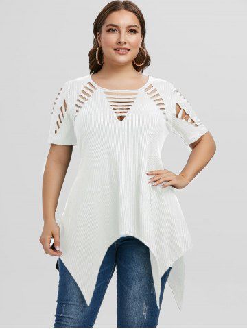 Plus Size Asymmetric Ripped Cutout Ribbed Handkerchief Tee