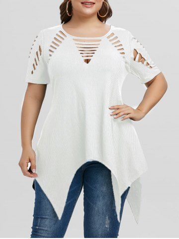 Plus Size Asymmetric Ripped Cutout Ribbed Handkerchief Tee