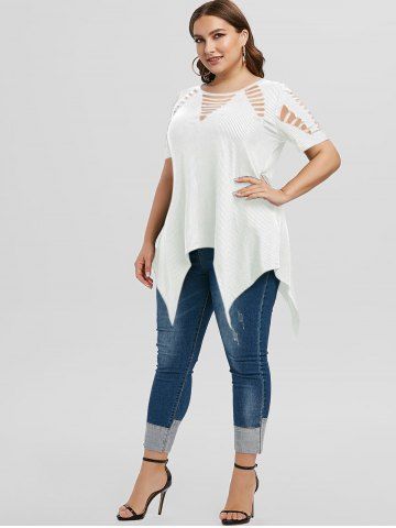 Plus Size Asymmetric Ripped Cutout Ribbed Handkerchief Tee