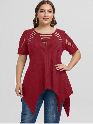 Plus Size Asymmetric Ripped Cutout Ribbed Handkerchief Tee
