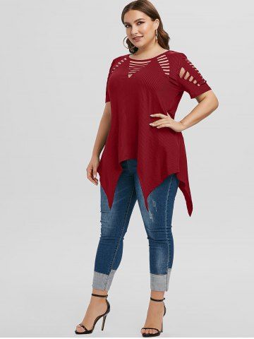 Plus Size Asymmetric Ripped Cutout Ribbed Handkerchief Tee