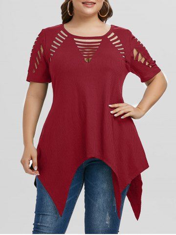 Plus Size Asymmetric Ripped Cutout Ribbed Handkerchief Tee