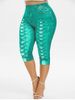 Legging Capri 3D Jean Imprimé de Grande Taille à Lacets - Bleu Vert Ara  5X