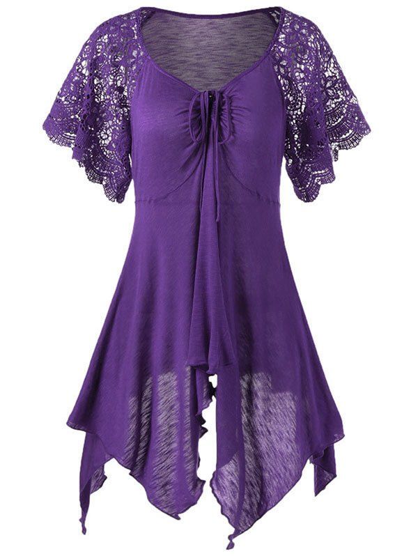 

Lace Panel Cinched Raglan Sleeve Handkerchief T-shirt, Purple