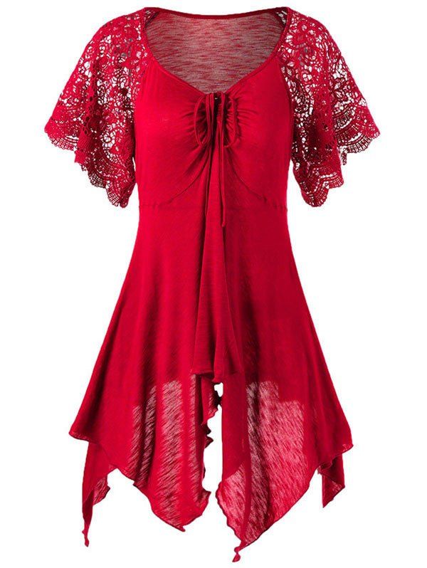 

Lace Panel Cinched Raglan Sleeve Handkerchief T-shirt, Red