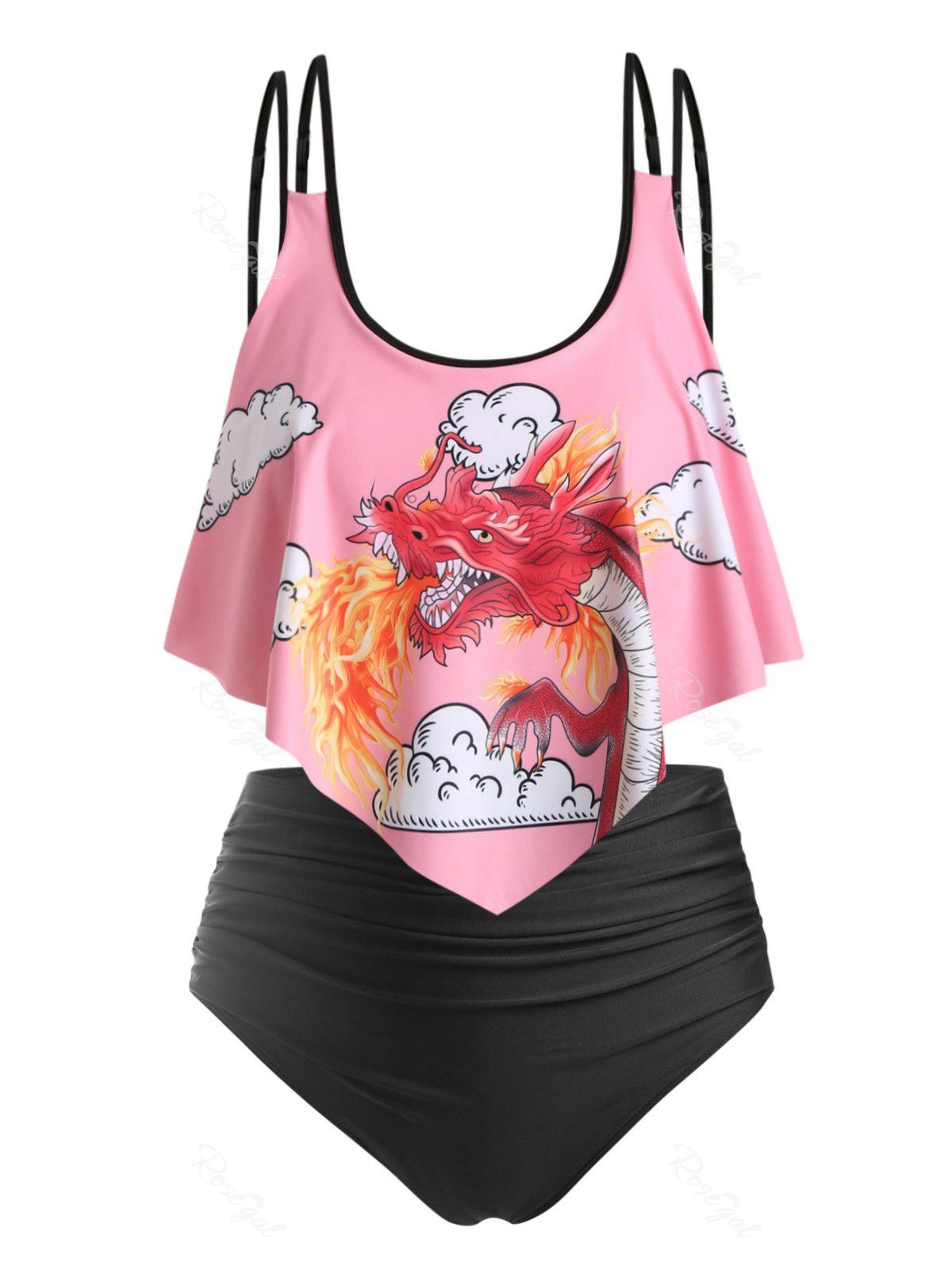 Discount Plus Size Oriental Dragon Print Ruched Tummy Control Tankini Swimwear  