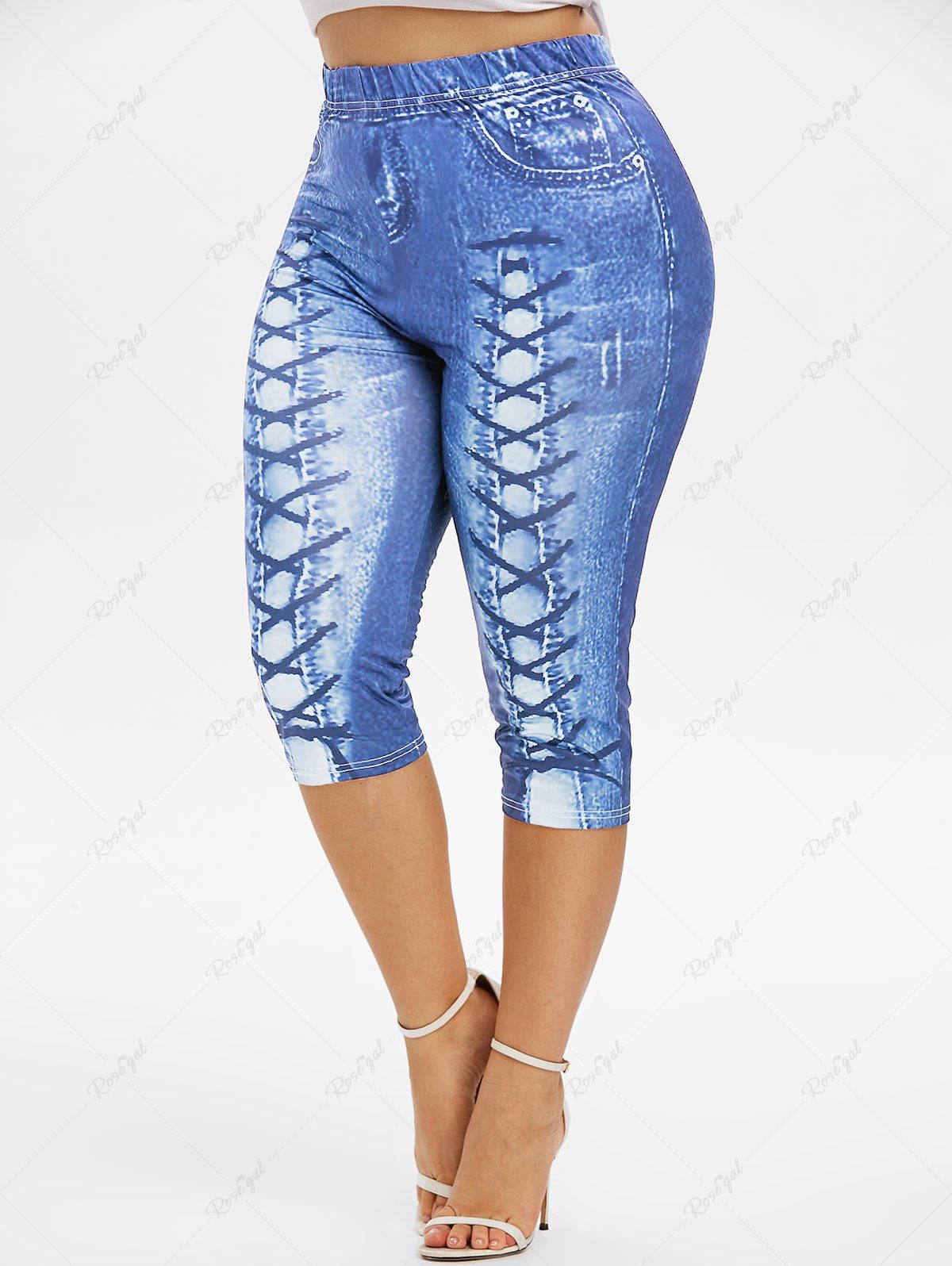 Discount Plus Size 3D Lace Up Jean Print Capri Leggings  