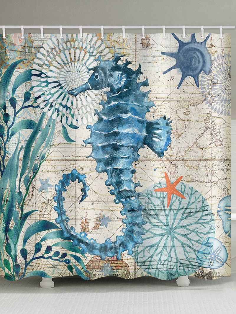 

Retro Print Sea Horse Waterproof Shower Curtain, Multi-z