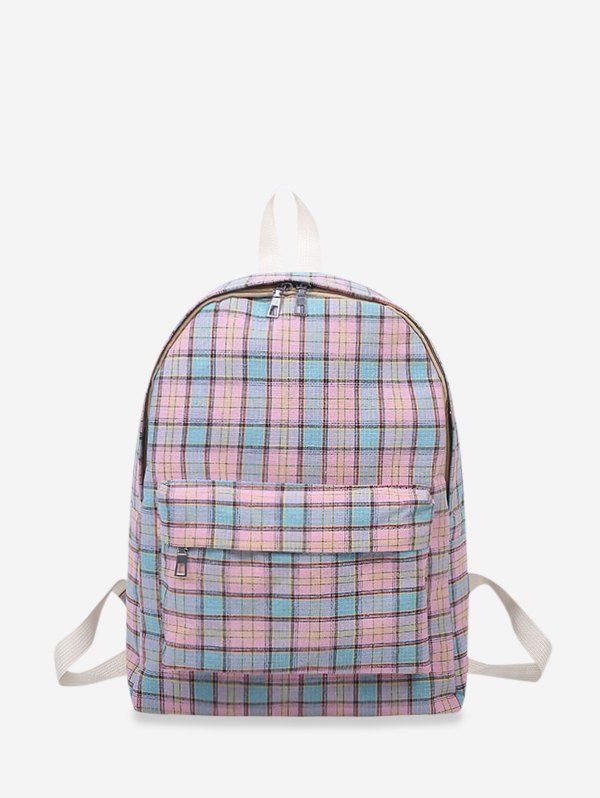 

Plaid Print Canvas School Student Backpack, Light pink