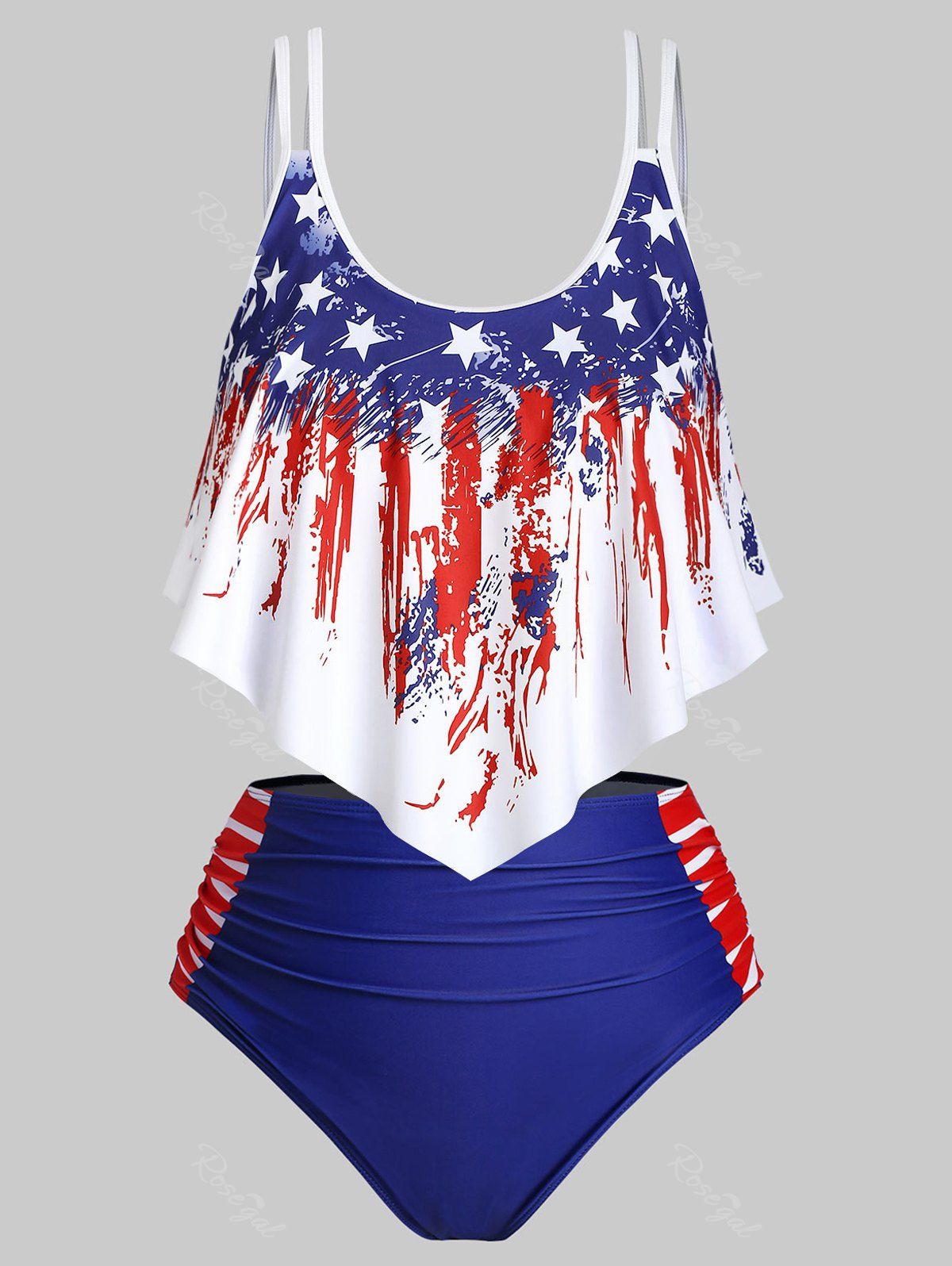 Affordable Overlay Flounces Ruched Heart American Flag Plus Size Tankini Swimwear  