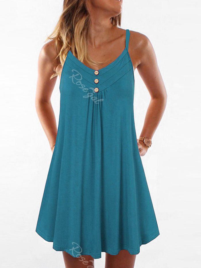 

Mock Button Spaghetti Strap Trapeze Dress, Blue