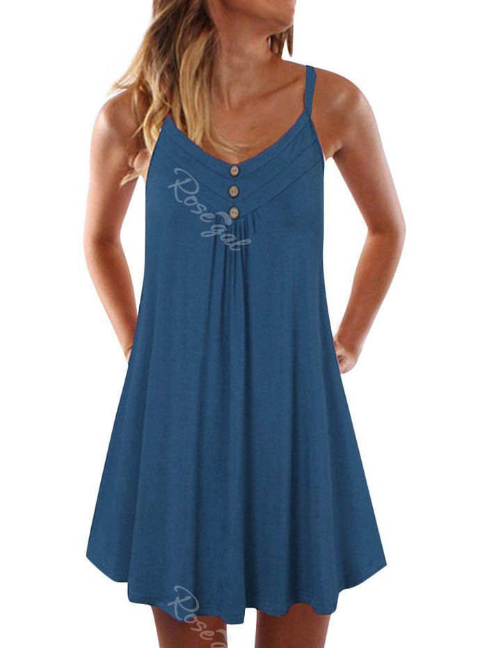 

Mock Button Spaghetti Strap Trapeze Dress, Deep blue